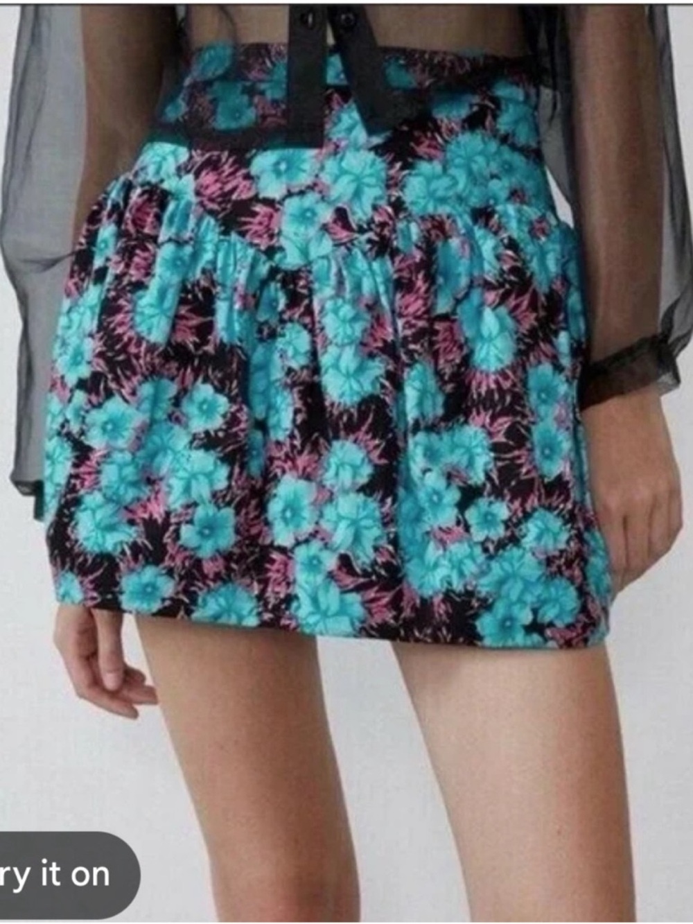 Zara Blue Floral Bubble Hem Mini Skirt NWT Cotton Y2K XS Tropical Print